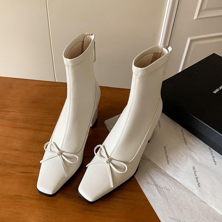 Bow Skinny Elastic Boots 2025 Autumn New Beige Skinny Boots Square Head Back Zipper High Heel Short Boots Women
