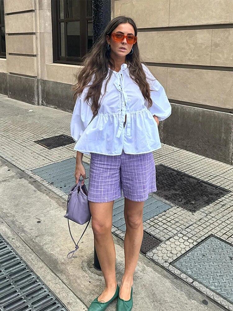 

Женская ажурная рубашка с леопардовым принтом и бантом на шнуровке, свободные топы с круглым вырезом и пышными рукавами, блузки, весна 2024, женская укороченная уличная одежда L белый