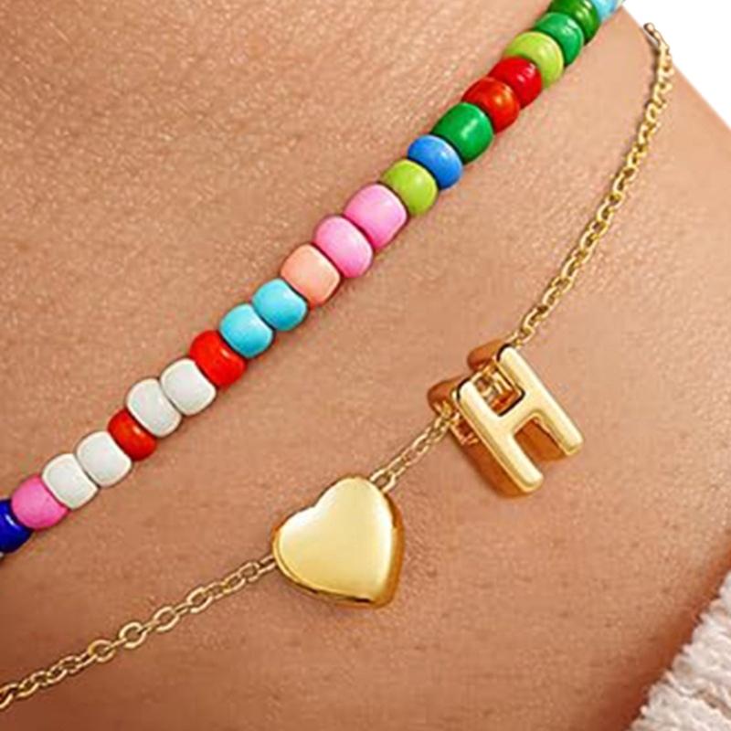 Double Layer Heart Beaded Bracelet Feature Initial Charm Letter Fashion Copper Jewelry Gift For Teen Girls Women