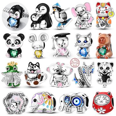 925 Silver Charms Cat Bear Elephant Panda Penguin Dog Beaded Bracelet DIY Jewelry Gift for Women