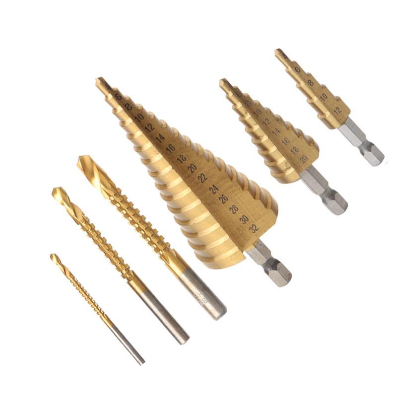 6pcs Titanium-Coated Step Drill Bit Set 4-12/4-20/4-32mm and 3/6/8mm Suitable for Glass Versatile Woodworking and Metal Drilling