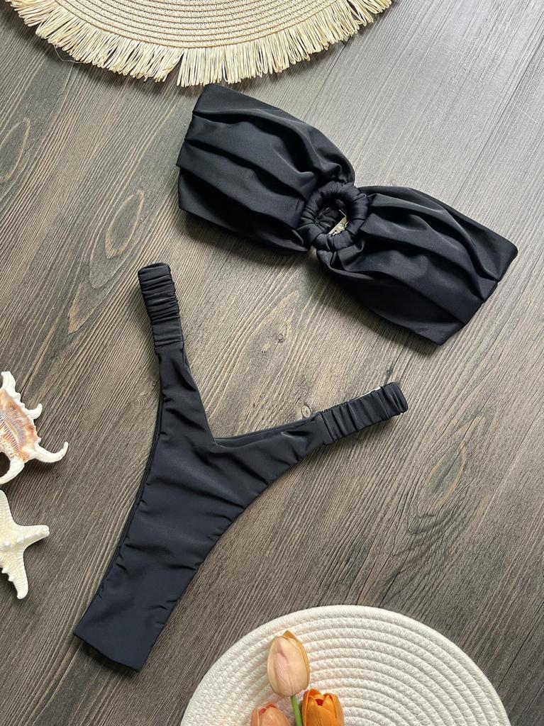 2024 Solid Color Pleated Women's Bikini Set - Sexy Beach Swimwear