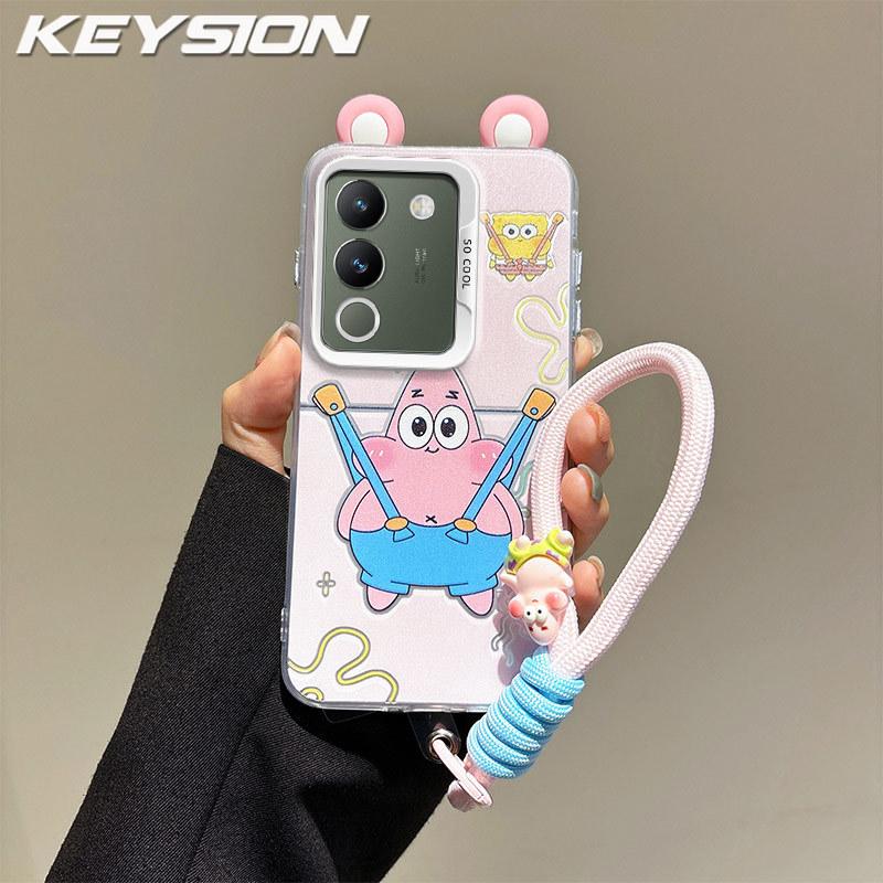 KEYSION Cute Ear Cartoon Case for VIVO V29e 5G with Lanyard Soft Silicone+PC Shockproof Phone Back Cover for VIVO V29e