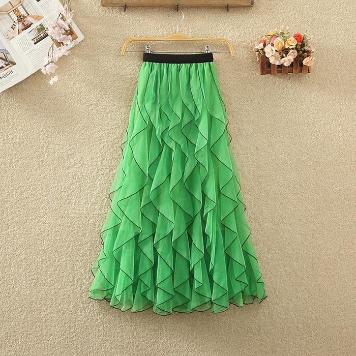Women Spring Fall High Waist All Match Irregular Ruffle Mesh A Line Skirt