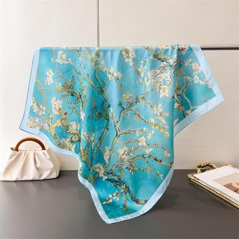 Luxury 70X70Cm Square Silk Scarf For Women Van Gogh Apricot Branch Print Shawl Wrap Fashion Accessory Hair Tie Bandana Hijab New