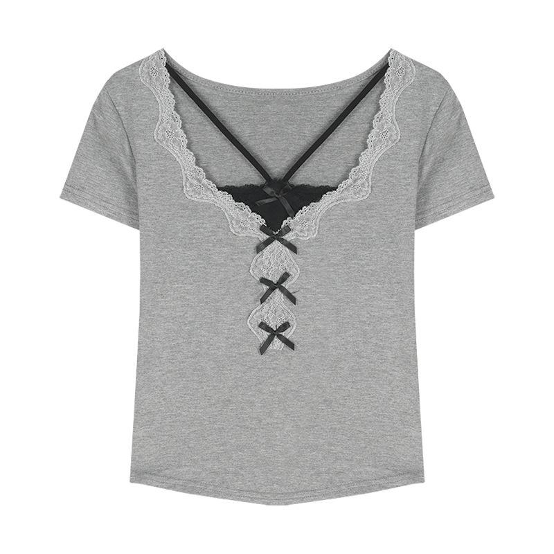 

Женская серая футболка с кружевом, бантом, коротким рукавом, приталенная L серый
