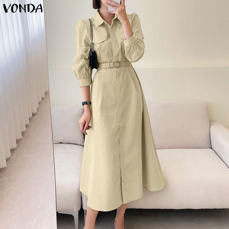 VONDA Women Turn Down Collar Casual 3/4 Sleeve Loose Office Shirts Dress Work Wear