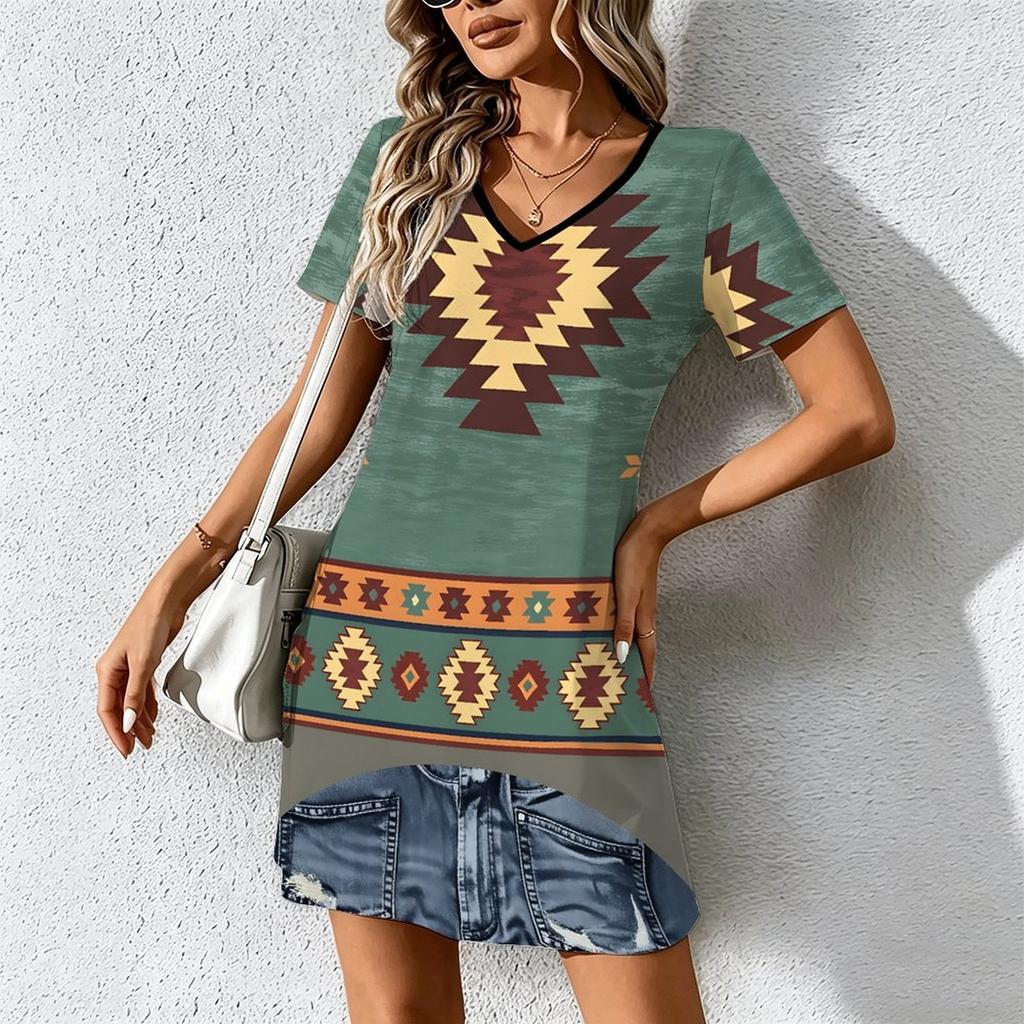 Summer Fashion Women's V Neck Short Sleeve Retro Geometric Pattern Printed Dress Sex Short Skirt Dresses