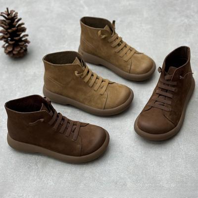 Handgemachte kurze Stiefel aus echtem Leder, runde Zehenpartie, flache Unterseite, elastisches Band, Damen-Schlupfschuhe