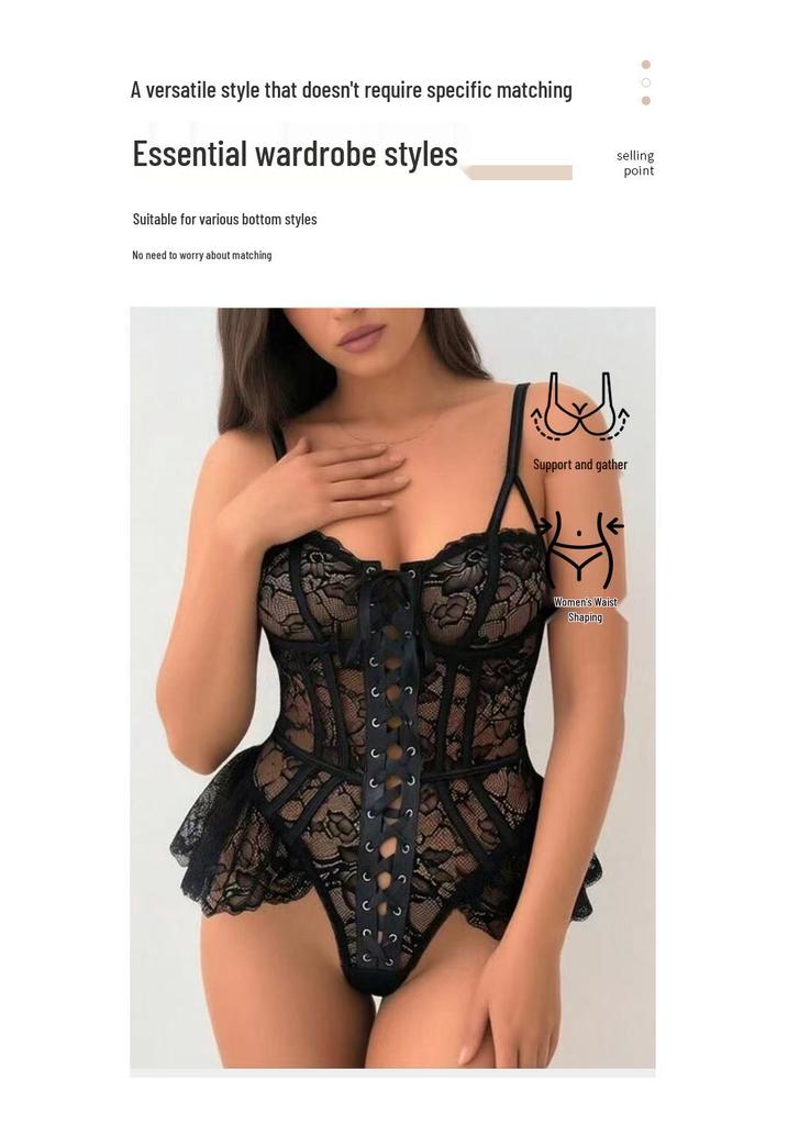 European-Style Women's Black Lace Strappy Bodysuit Lingerie Set