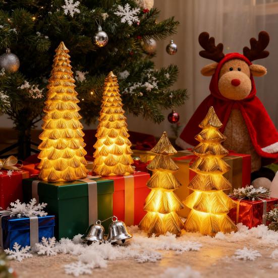 4 Pcs Light Up Christmas Tree Figurines Resin Christmas Tree Tabletop Decoration for Holiday Mantel Desk Centerpiece