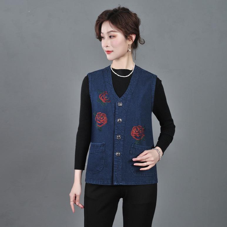 Spring 2023 Women's Casual Denim Vest with Embroidered Design for Middle-Aged & Elderly Moms
