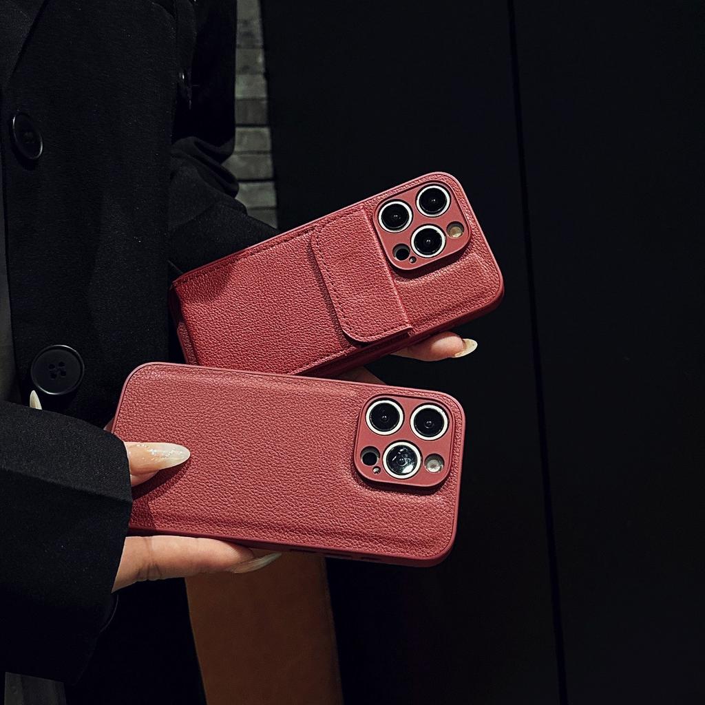 Lychee Pattern for IPhone 16 Stand Phone Case Card Holder Solid Color for IPhone 12 Simple 15 Protective Cover