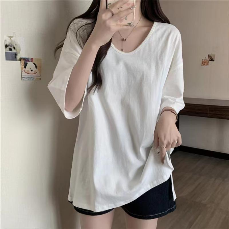 Cotton Short Sleeve Casual Loose T-shirt for Women Summer Fashion Solid Round Neck Plus Size T Shirt Woman Elegant Slim Simple Female Tee Tops 26294