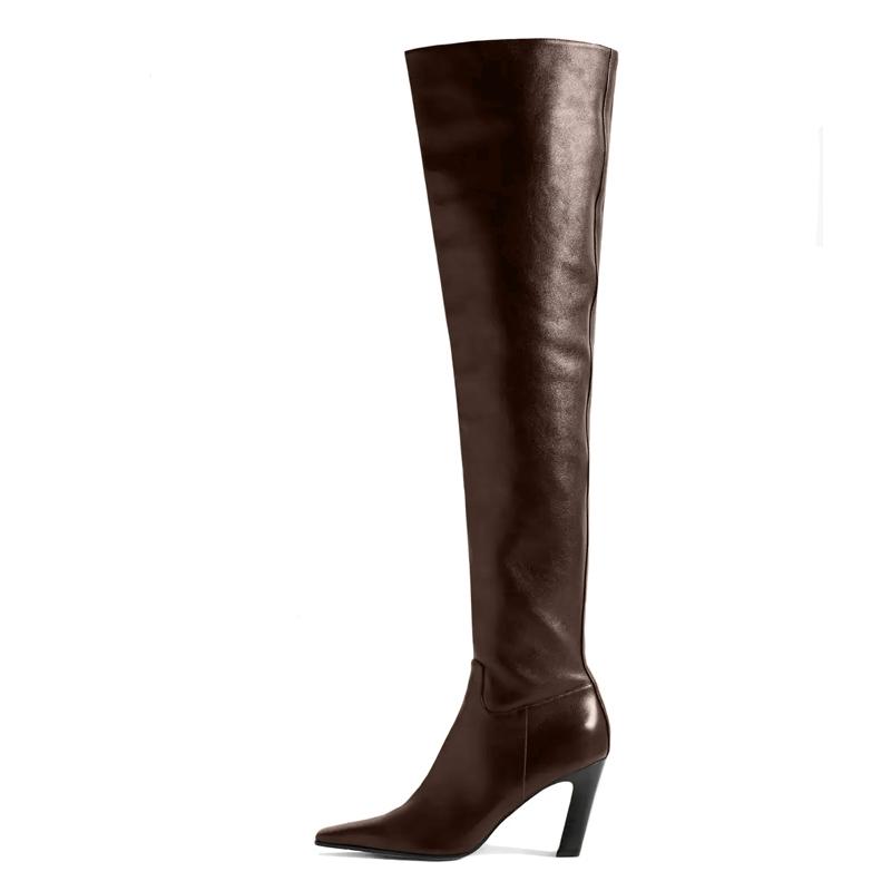 Western Women's Over the Knee High Boots Genuine Leather Heels Winter Shoes Ladies Black Brown Long Chelsea Boot Big Size 45