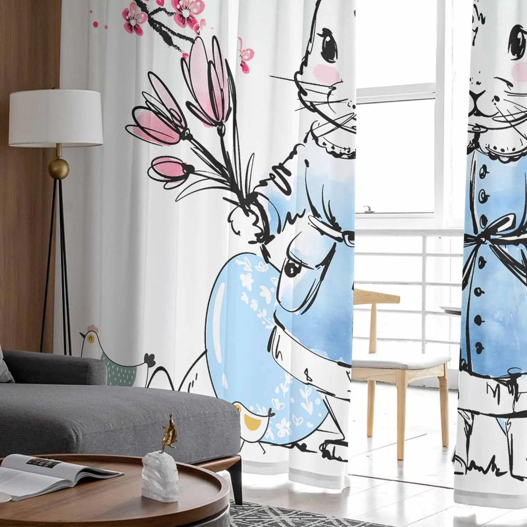Easter Peach Tree Bunny Eggs Tulle Curtains For Living Room Sheer Curtain For Bedroom Kitchen Blinds Voile Curtains