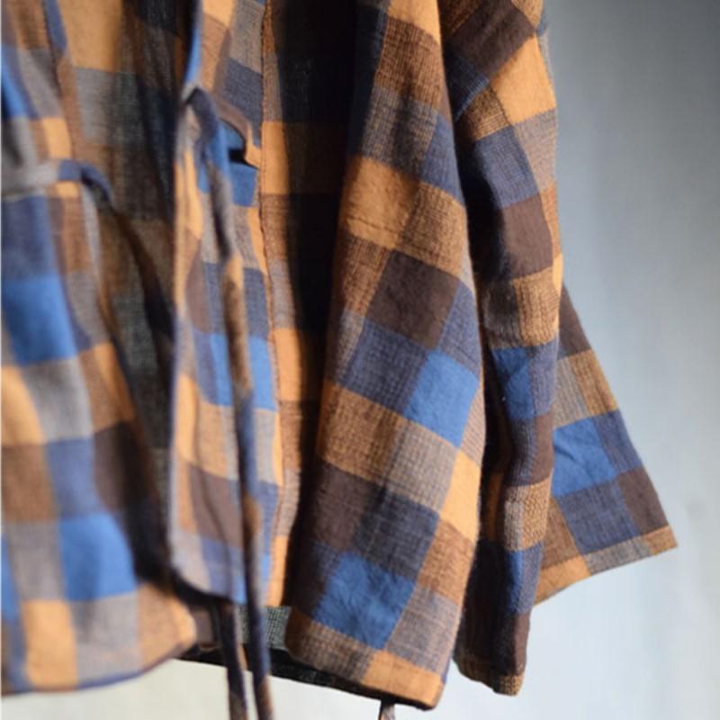 Johnature Women Vintage Plaid Chinese Style Loose Belt Spring Autumn Women Jackets
