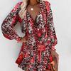New Long Sleeved V-neck Fashion Print Waist Wrap Dress