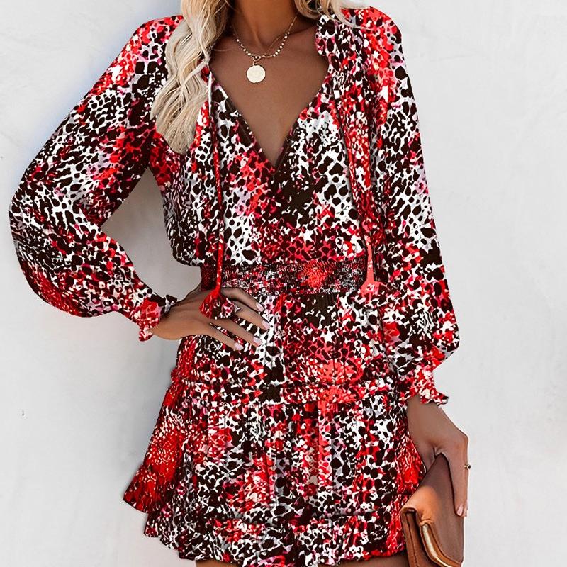 New Long Sleeved V-neck Fashion Print Waist Wrap Dress