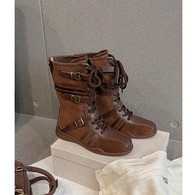 Retro Round Head Splicing Lace-up Thick-soled Martin Boots Women's 2025 New Niche Belt Buckle Versatile German Training Boxing Boots