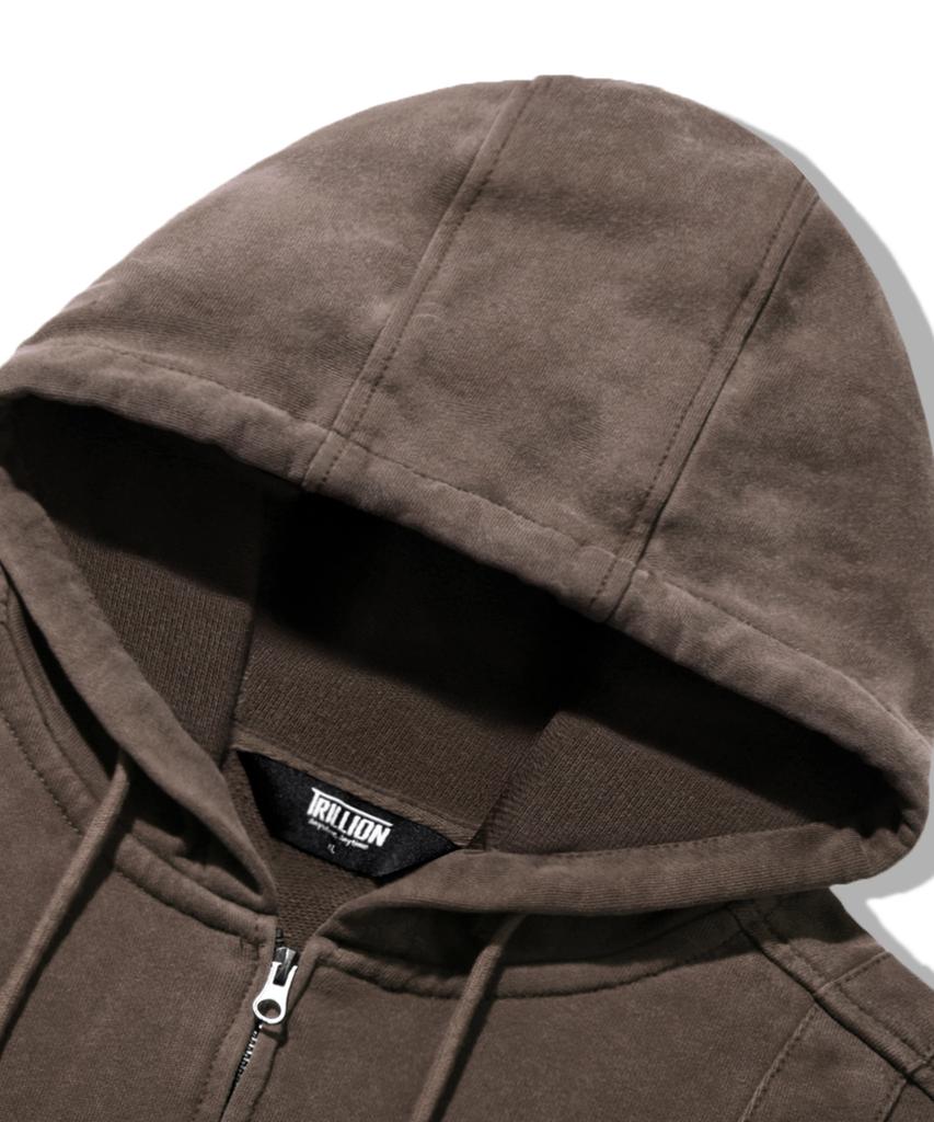Trillion Vintage Studded Pigment 2-Way Zip-Up Hoodie_Brown