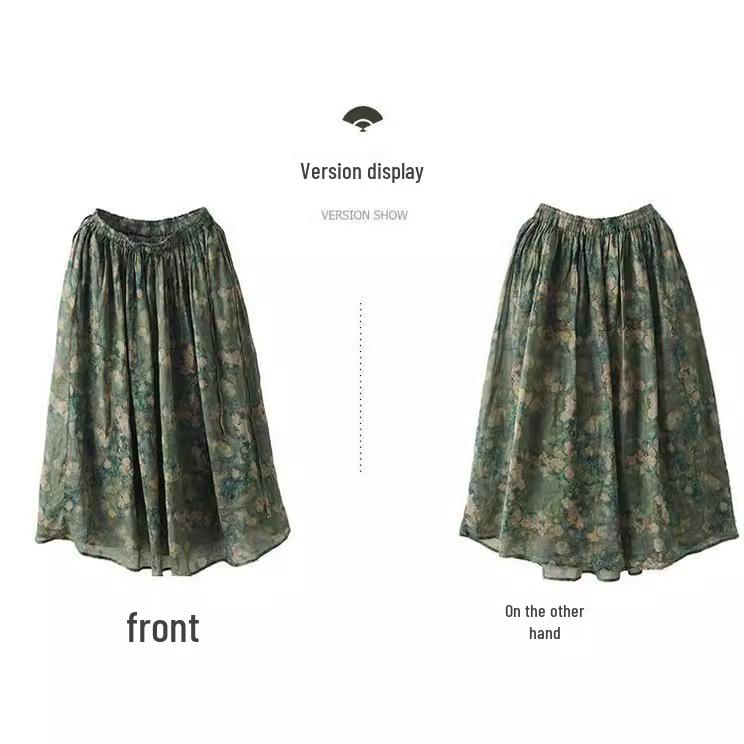 Summer 2023 Women's Vintage Floral Midi Skirt - Heavy Duty Cotton Linen, Flowy Design