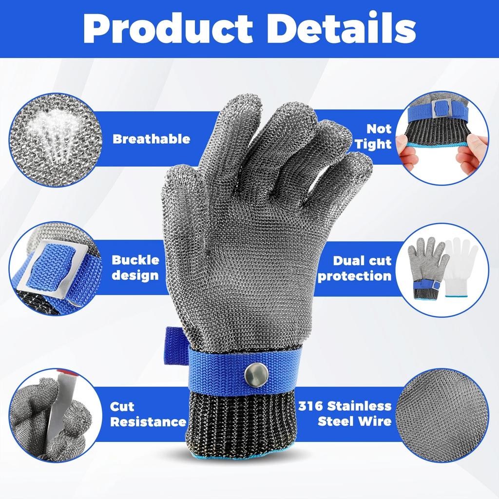 SlicePro ANSI A9 Cut Resistant Glove PR1706 Stainless Steel Mesh Metal Glove Food Grade for Kitchen Cooking Butcher Meat Cutting