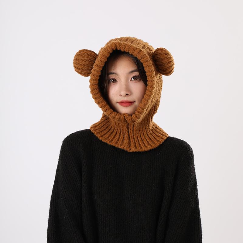

1PC Y2K Winter Warm Knit Balaclava Hat Women Cute Bear Warm Beanie Hooded Scarf Beanie Hat Skull Cap Collar Neck Cover Pullover One Size кавовий