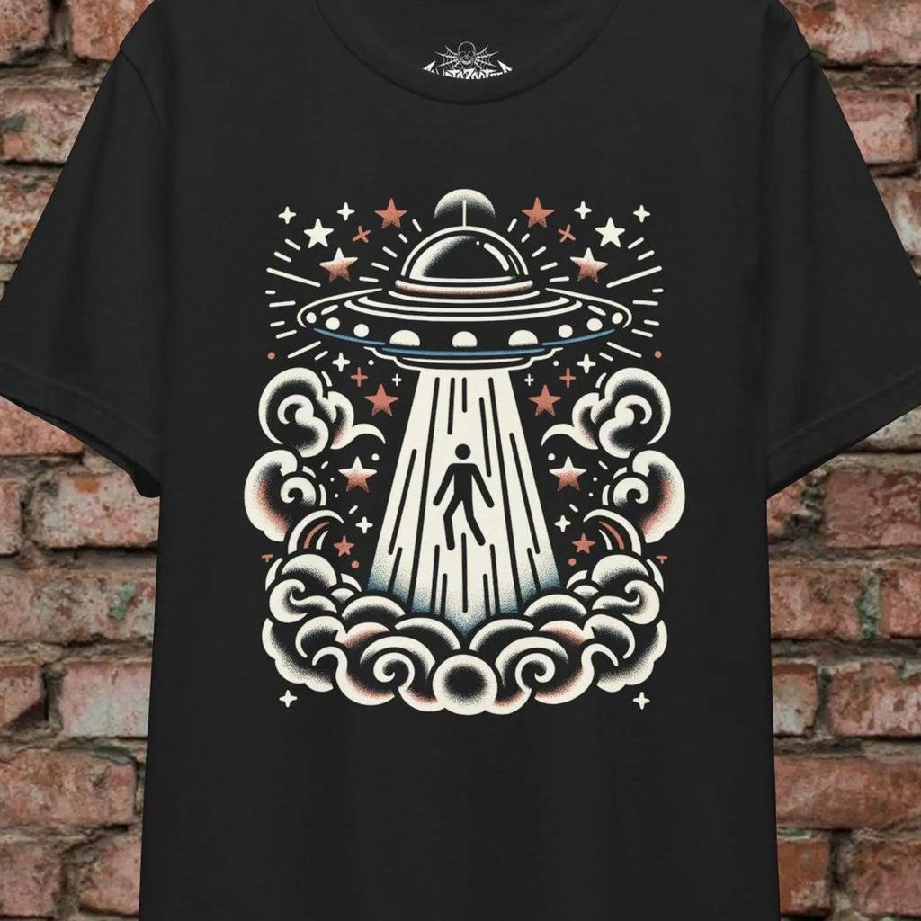 Ufo Alien Abduction T Shirt American Traditional Tattoo Art Sci Fi Retro Space For Lovers Casual Top Vintage Fashion