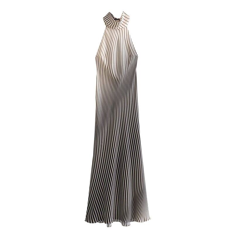 Fashion Style 2024 Amoi Women's Hanging Collar Silk Satin Texture Stripes Mid Length Long Length Dress 3142009 064