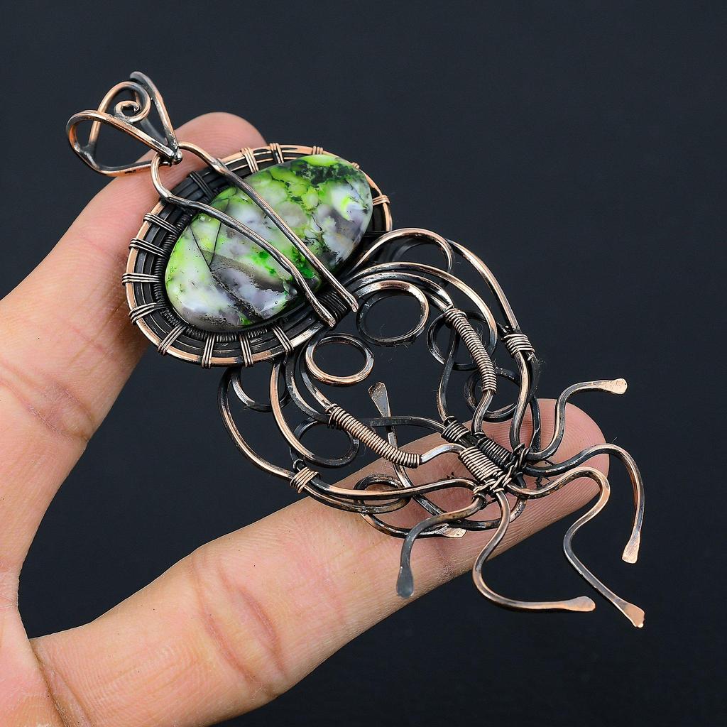 Green Dendrite Opal Gemstone Copper Wire Wrap Handmade Pendant Designer Jewelry