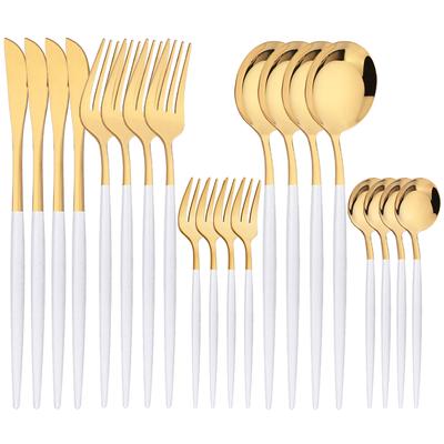20Pcs Mirror Dinnerware Set Knife Cake Fork Coffee Teaspoon Flatware White Gold Tableware Stainless Steel Cutlery Western Kiechen Silverware