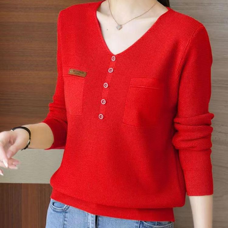 Gestrickter Basic-Pullover für Damen V-Ausschnitt Knopfleiste Langarm Fake-Taschen Pullover Top