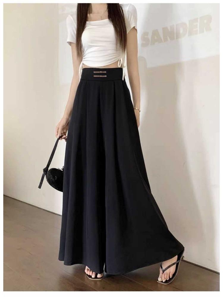 

Атласные брюки-кюлоты с плиссировкой и высокой талией, женские, драпирующиеся, с эффектом утяжки талии, длинные брюки-юбка, тренд L чёрный