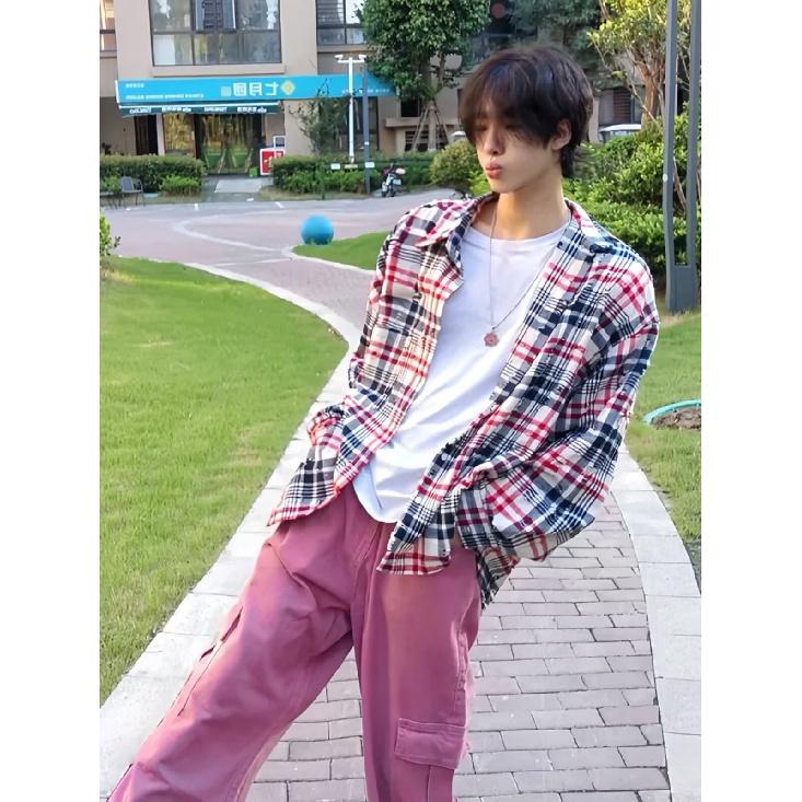 Καρό μακρυμάνικο πουκάμισο 2024 Ιαπωνικό στιλ Χονγκ Κονγκ Φαρδύ πουκάμισο για αγόρια Καλοκαιρινό μοντέρνο ευέλικτο casual παλτό