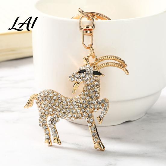 Sparkling Goat Keychain with Rhinestone Golden Plated Sheep Alloy Keyring Bling Animal Pendant for Backpack Handbag Charm Theme
