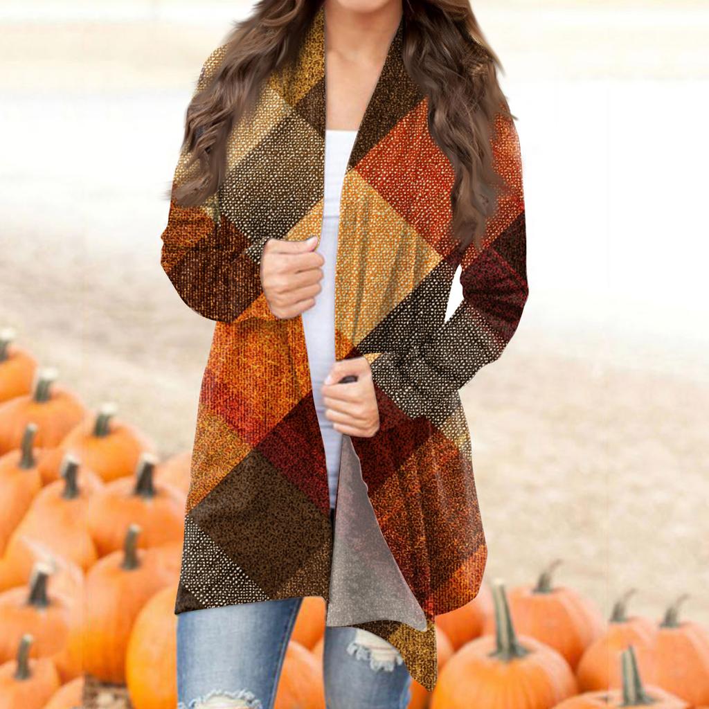 Women's Casual Fashion Plaid Print Half-open Collar Mid-length Irregular Hem Cardigan Jacket