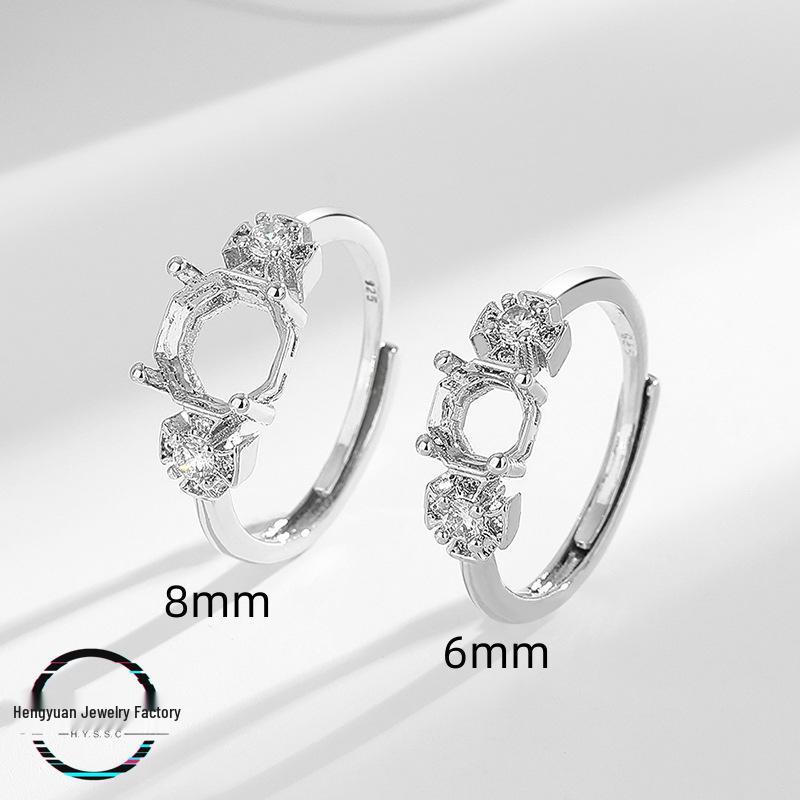 Octagonal Rose Cut Zirconia Women's White Gold Open Copper Ring Setting - DIY Imitation 925 Silver