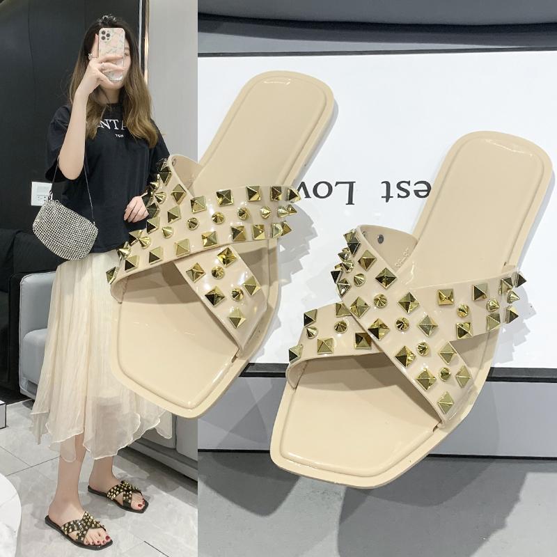

Fashion 2025 New Summer Style Comfortable Rivets Anti-Sli Fashionable Wear-resistant Casual Sexy Open-toe Fish Mouth Women s Slippers 36 бежевый