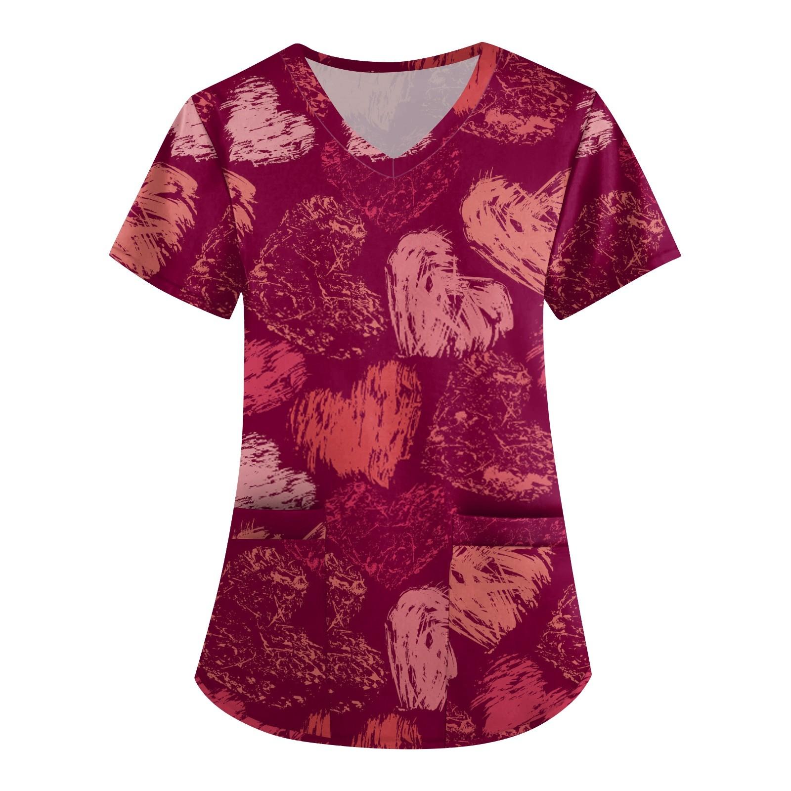 

Women s Cute Printed Work Clothes V-neck Double Layer Pockets Basic Short Sleeve Top Pullover Valentines XXXL гарячі рожевого кольору