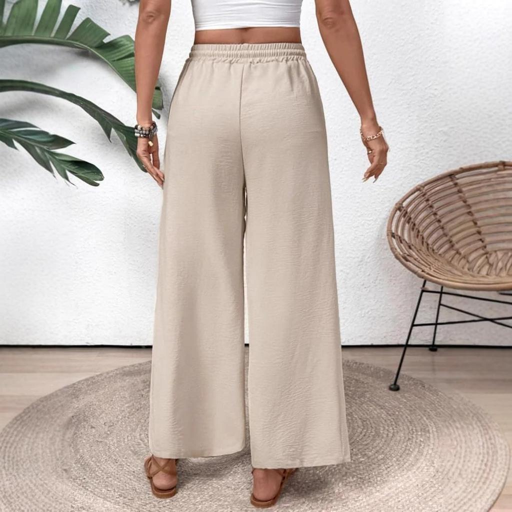 Women's Fashion Solid Color Drawstring High Waist Elastic Waist Pocket Wide Leg Casual Pants