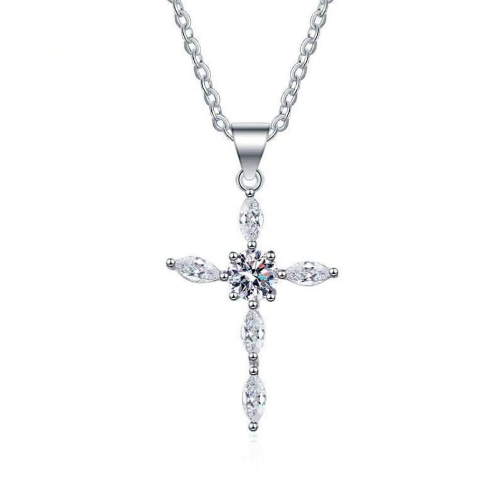 925 Sterling Silver Simple Fashion Cross Love Pendant Zircon Necklace Birthday Anniversary Party Gift