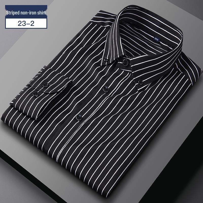 Men's Business Casual Striped Long Sleeve Shirt with Button-Down Collar