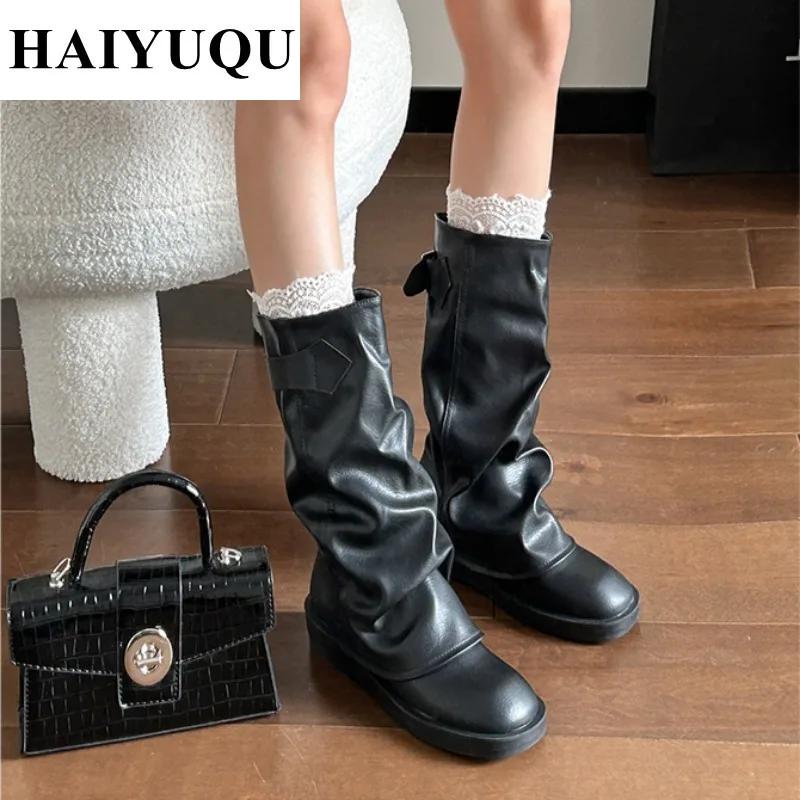 Ploché Platforma Dámské Kozačky do Poloviny Lýtka Robustní Podpatky Kožené Goth Boty Trend Zimní Dámské Teplé Kotníkové Sněhule Mujer Zapatos