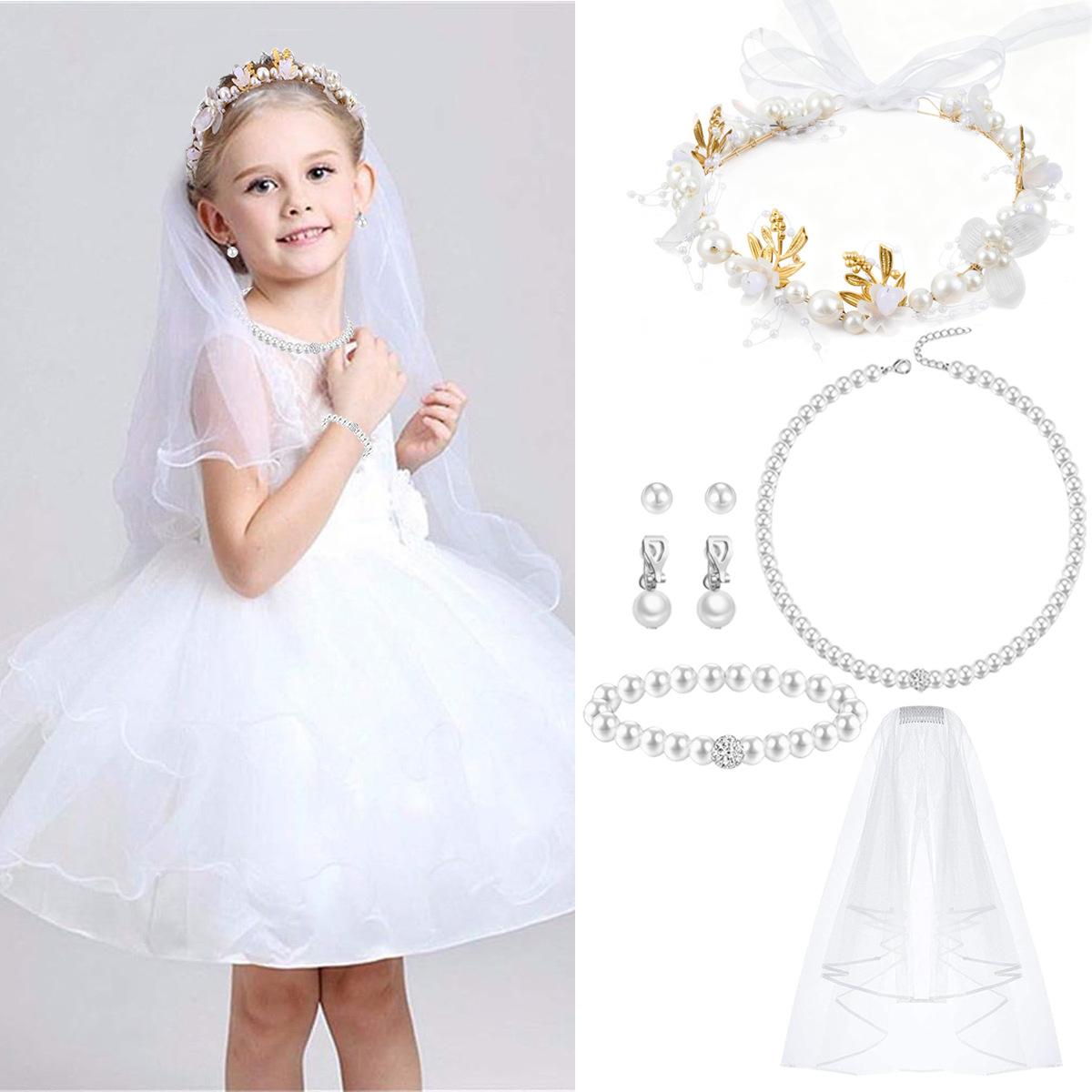 

Fashion Pearl Necklace and Earrings Set for Kids - Rhinestone Pendant , Light Wedding Jewelry белый