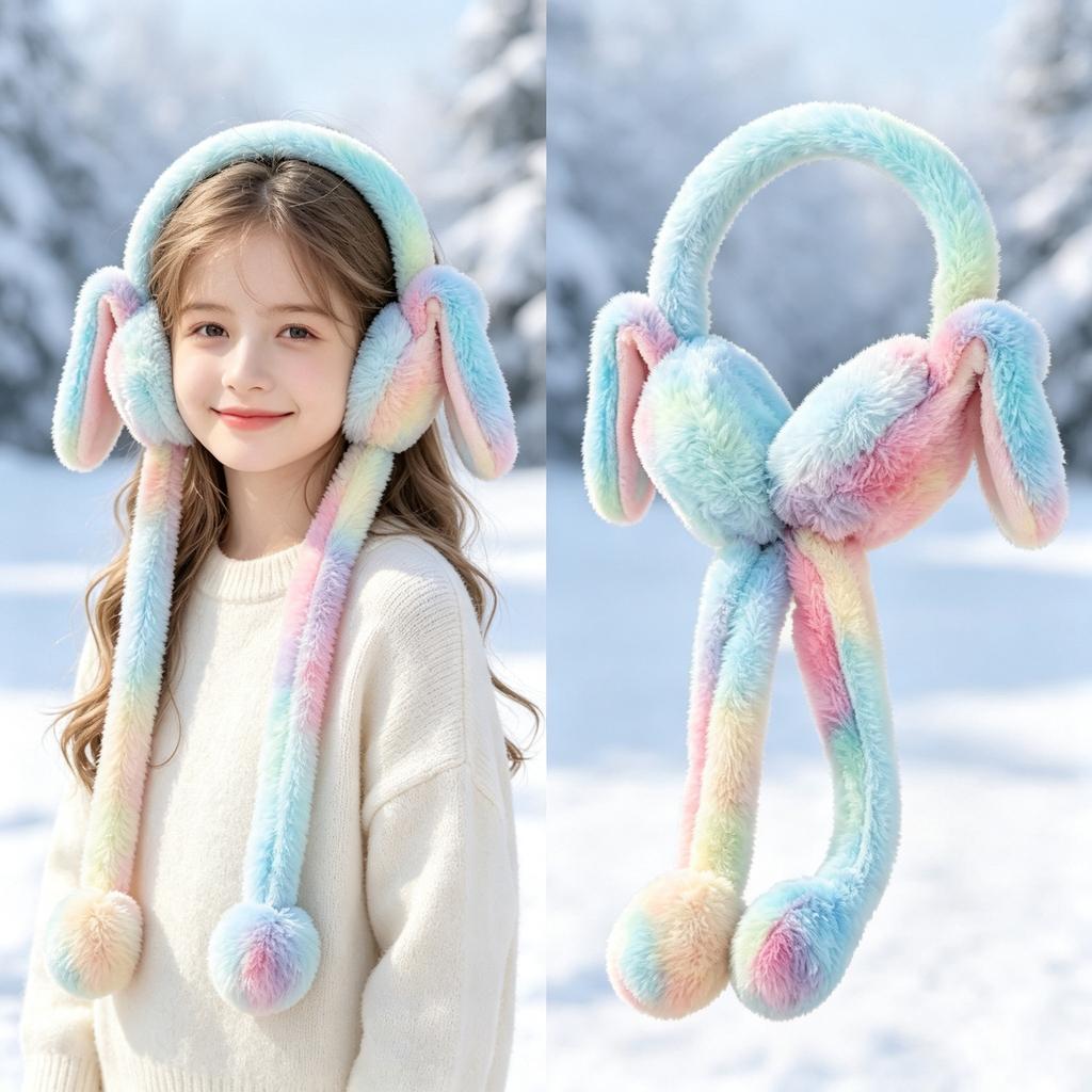 Kinder Kunstfell Hasenohren Ohrenschützer, Flauschige Farbverlauf Ohrenwärmer mit Beweglichen Hasenohren, Weiche Winter-Ohrenschützer für Mädchen
