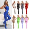 Womens Solid Color Full Body Bodysuit U Neck Sleeveless Footed Hole Jumpsuits Glossy Stretchy Unitard Bodysuits