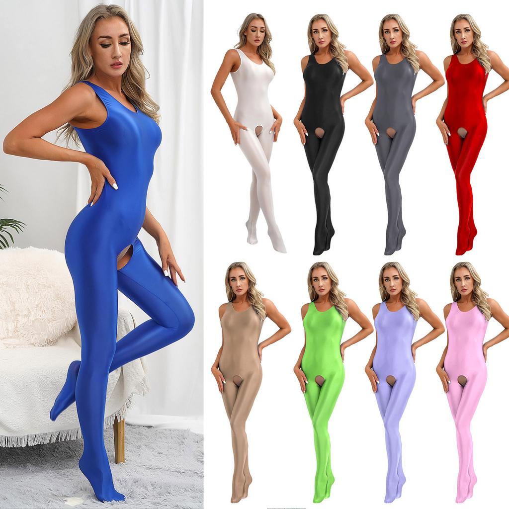 Womens Solid Color Full Body Bodysuit U Neck Sleeveless Footed Hole Jumpsuits Glossy Stretchy Unitard Bodysuits