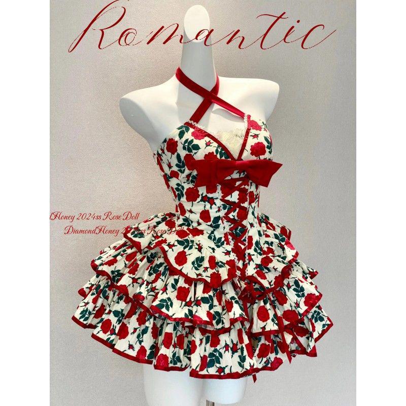 Retro Sweet & Spicy Rose Print Lace Patchwork Halter Dress with Waist Tie S