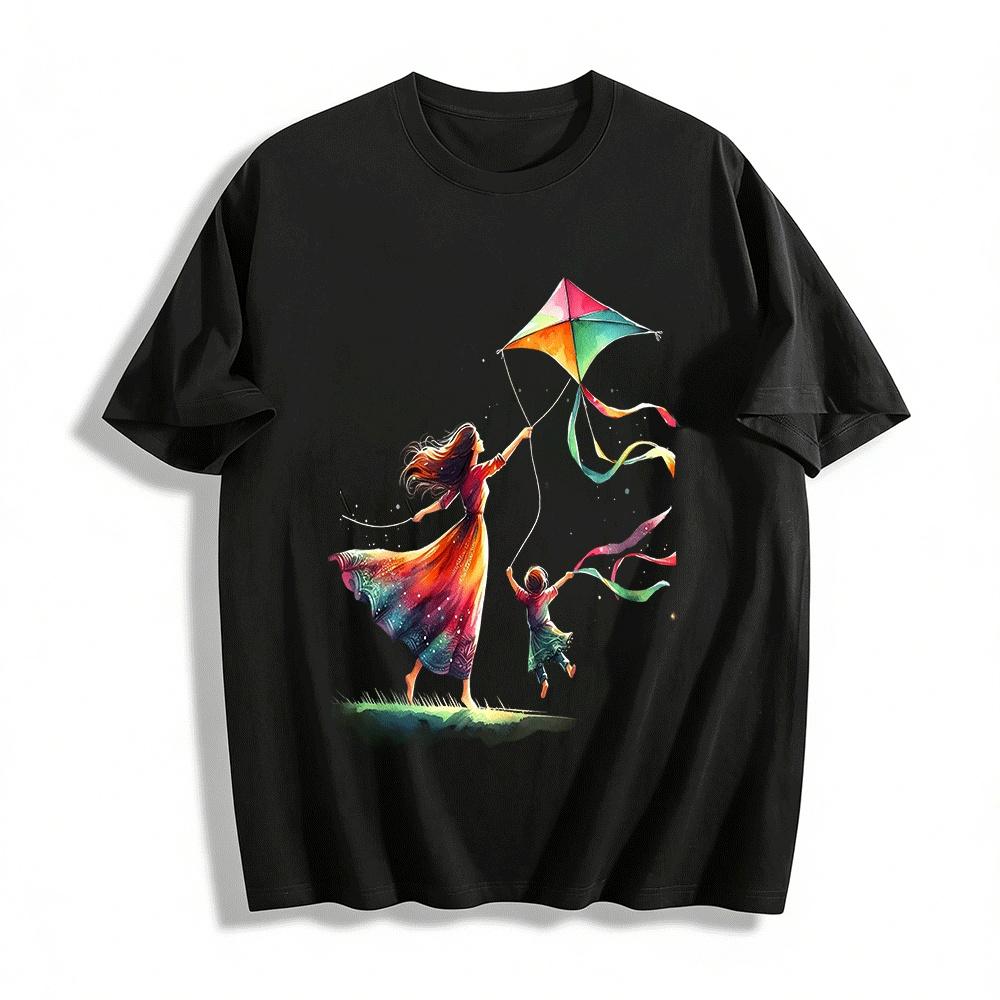 Parent Child Kite Flying Watercolor Print Casual Top Pure cotton T-shirt XXS